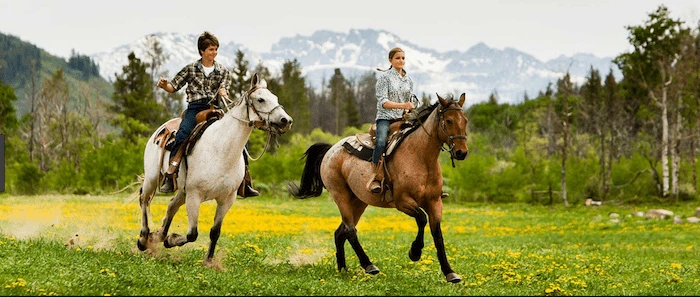 Confident plus-size woman riding Sleaford a horse through a field with a smile on her face.